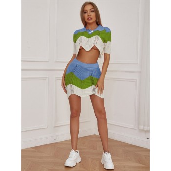 Knitted Two Piece Sets Womens Outifits Y2k 2022 Summer Sexy Irregular Shape Crochet Top Color Match Festival Skirt